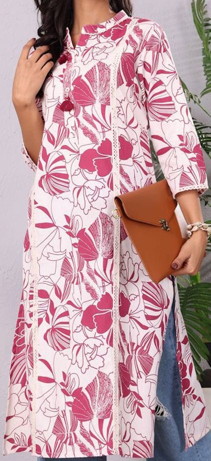 The Kurti Collection Floral Printed Mandarin Collar Panelled Cotton A-Line Kurta