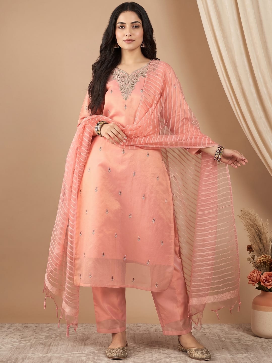 Zari-Embroidered Kurta Paired With Solid Trousers And A Tonal Dupatta .