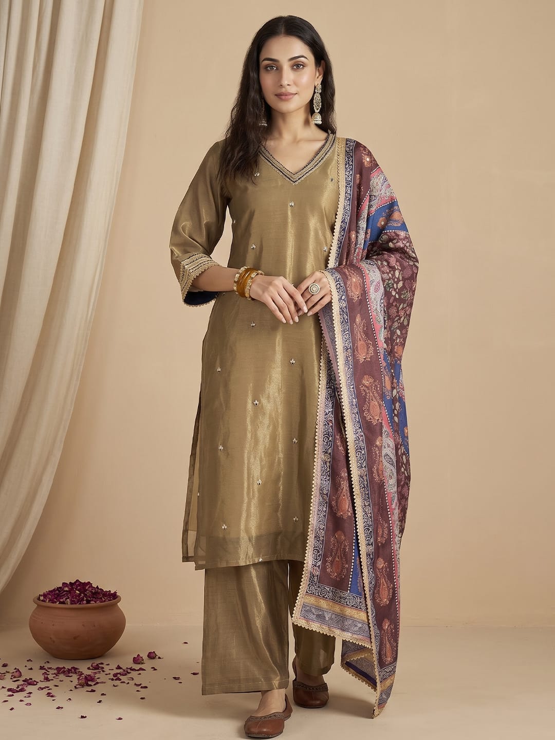 The Kurti Collection Women Kurta Set With Intricate Lace Detailing And Solid Ankle-Length Trousers, And Printed Dupatta.