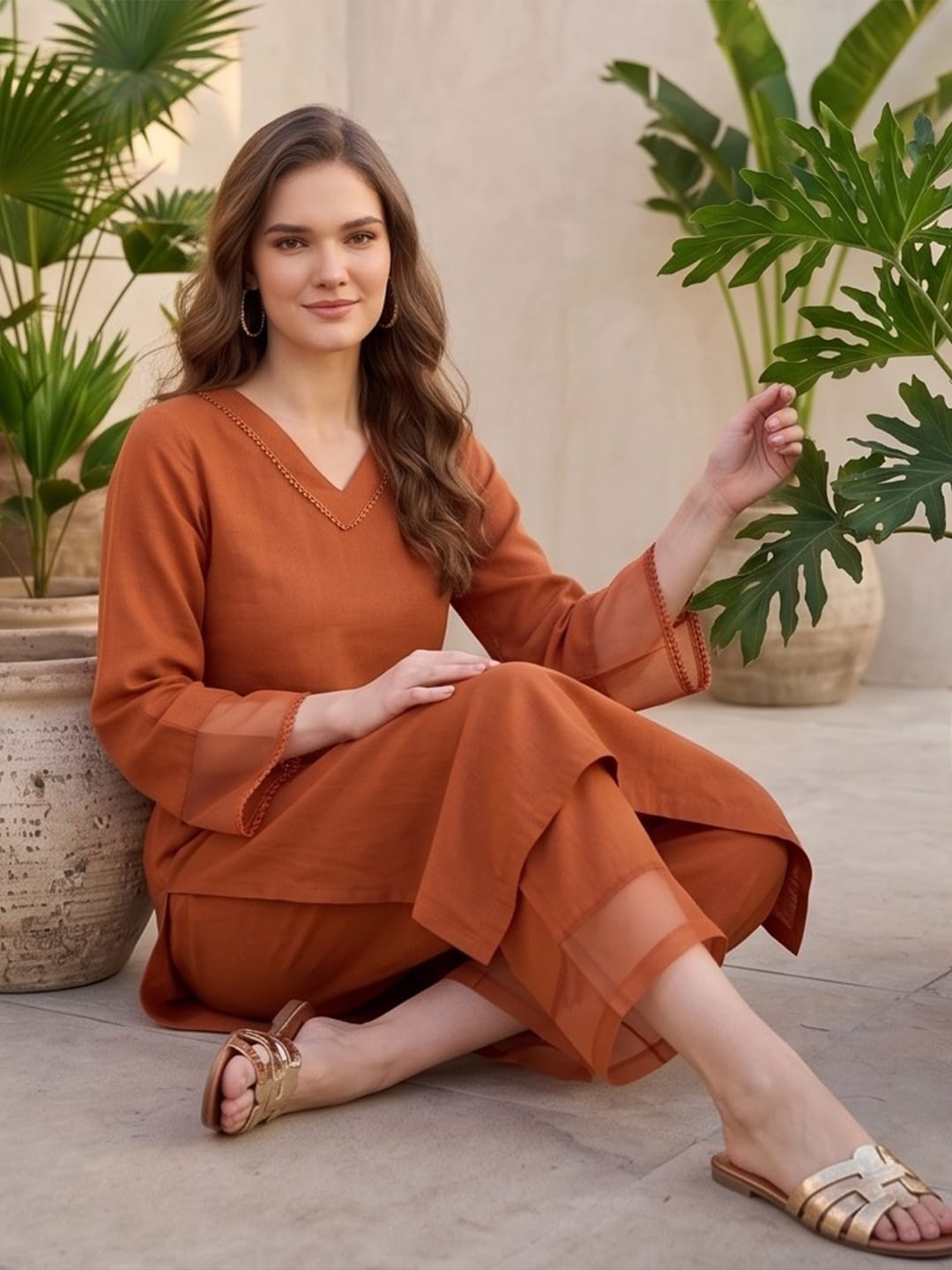 The Kurti Collection Women Rust Straight Kurta Paired With Tonal Trouser
