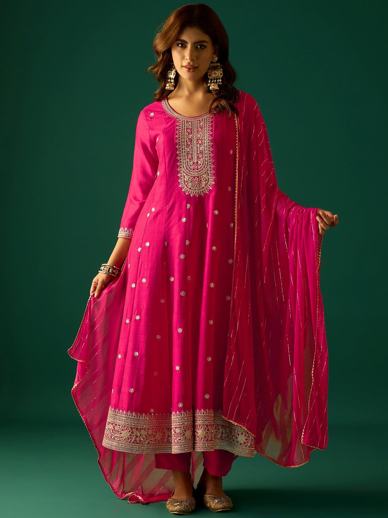 Gracefully Crafted In Rich Vichitra Fabric With Zari Embroidery, This Elegant 3-Piece Anarkali Set Blends Festive Charm With Timeless Style