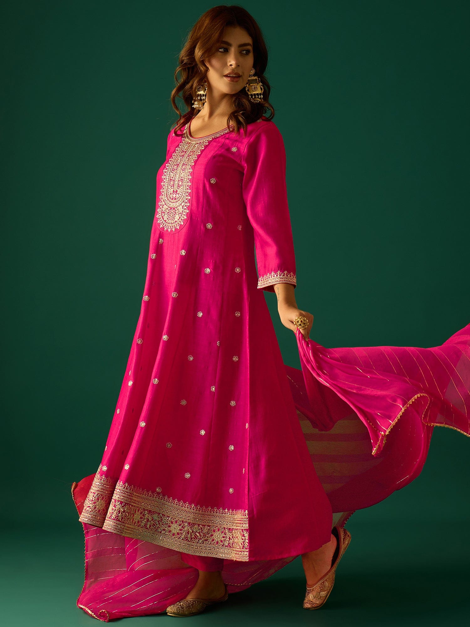 Gracefully Crafted In Rich Vichitra Fabric With Zari Embroidery, This Elegant 3-Piece Anarkali Set Blends Festive Charm With Timeless Style