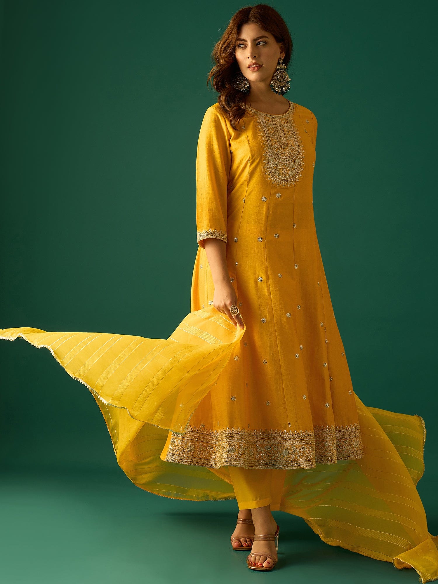 Gracefully Crafted In Rich Vichitra Fabric With Zari Embroidery, This Elegant 3-Piece Anarkali Set Blends Festive Charm With Timeless Style
