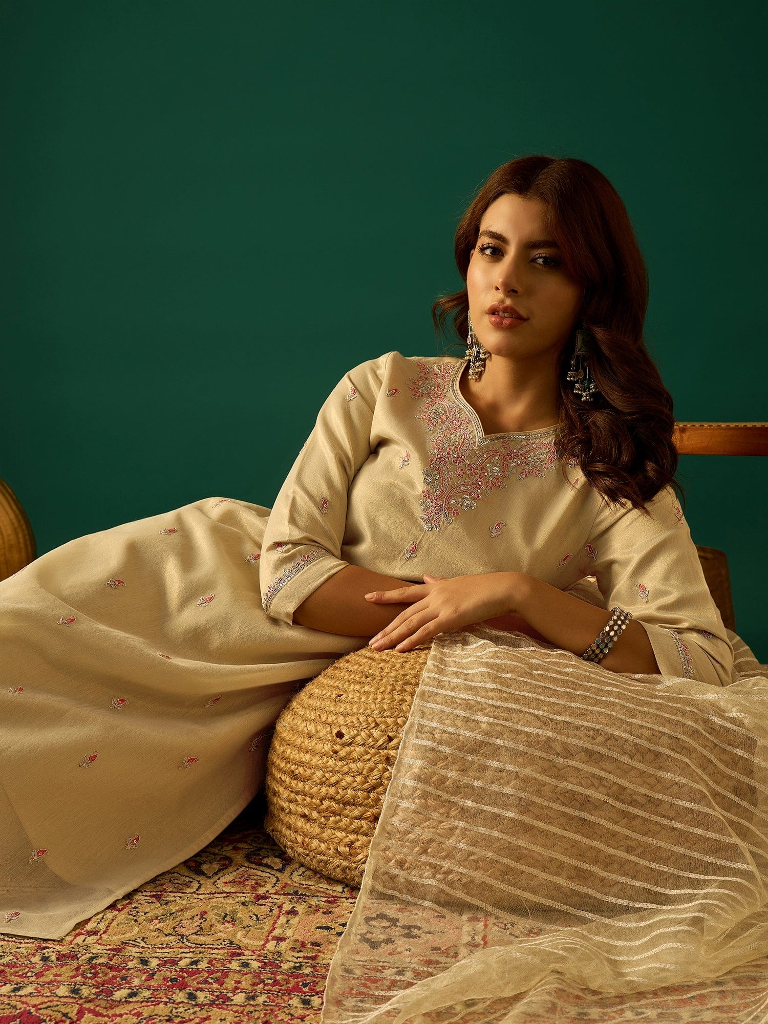Zari-Embroidered Kurta Paired With Solid Trousers And A Tonal Dupatta