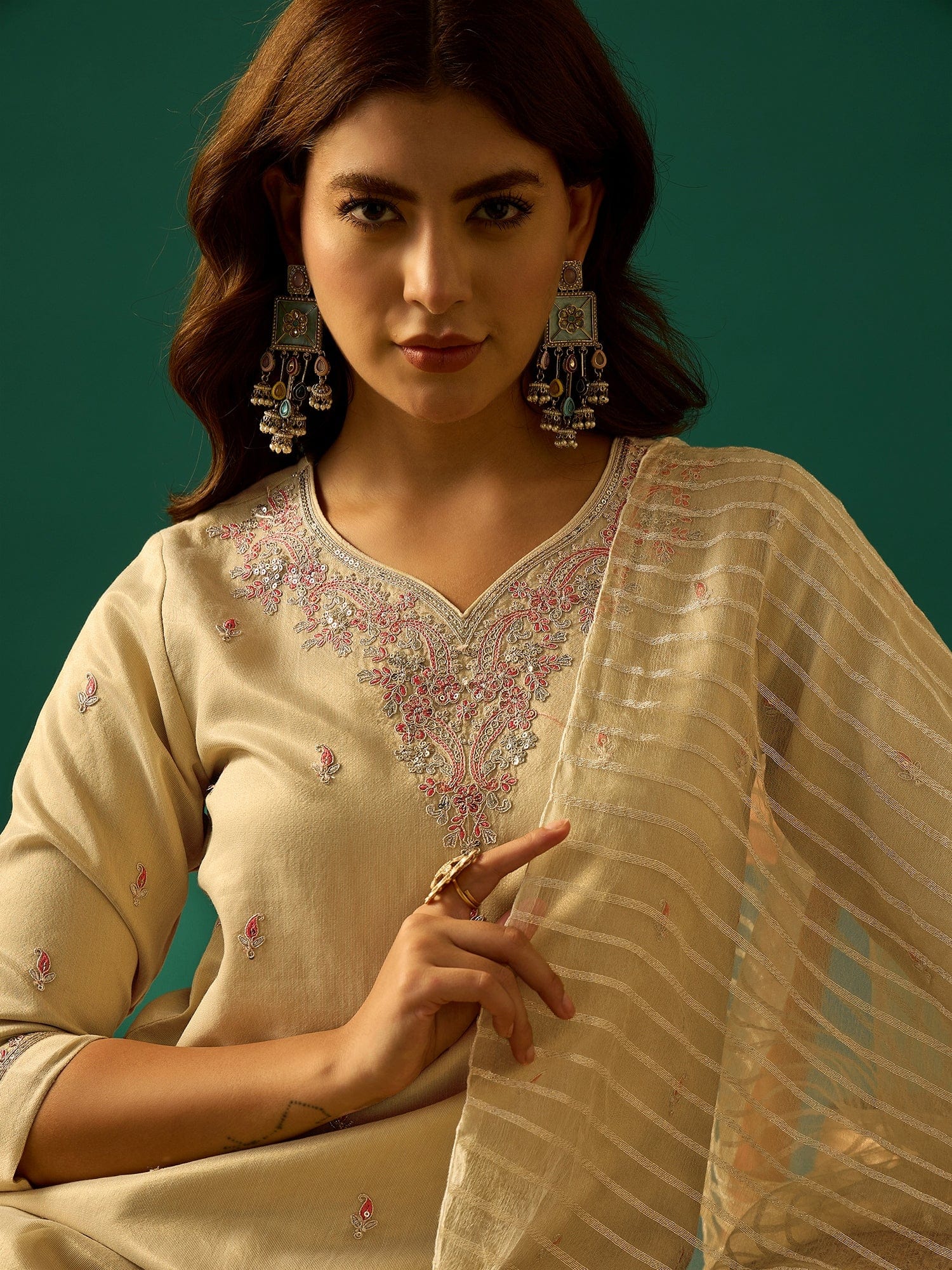 Zari-Embroidered Kurta Paired With Solid Trousers And A Tonal Dupatta