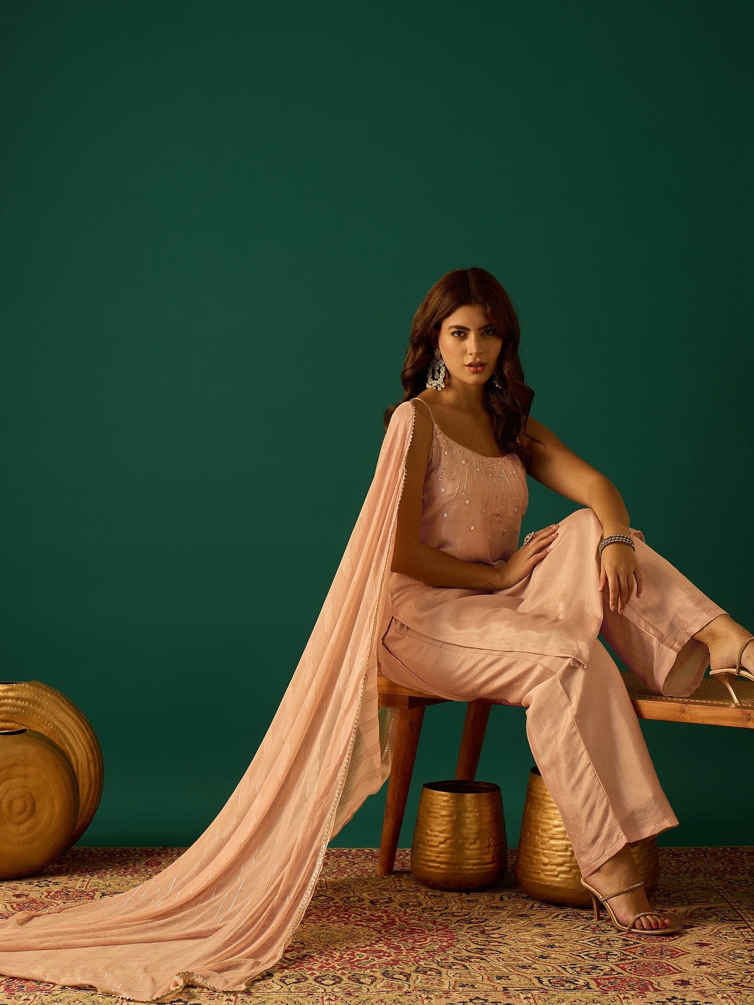 Peach Zari-Embroidered Kurta With Spaghetti Straps, Paired With Solid Trousers And A Lace-Trimmed Dupatta For An Elegant Festive Look