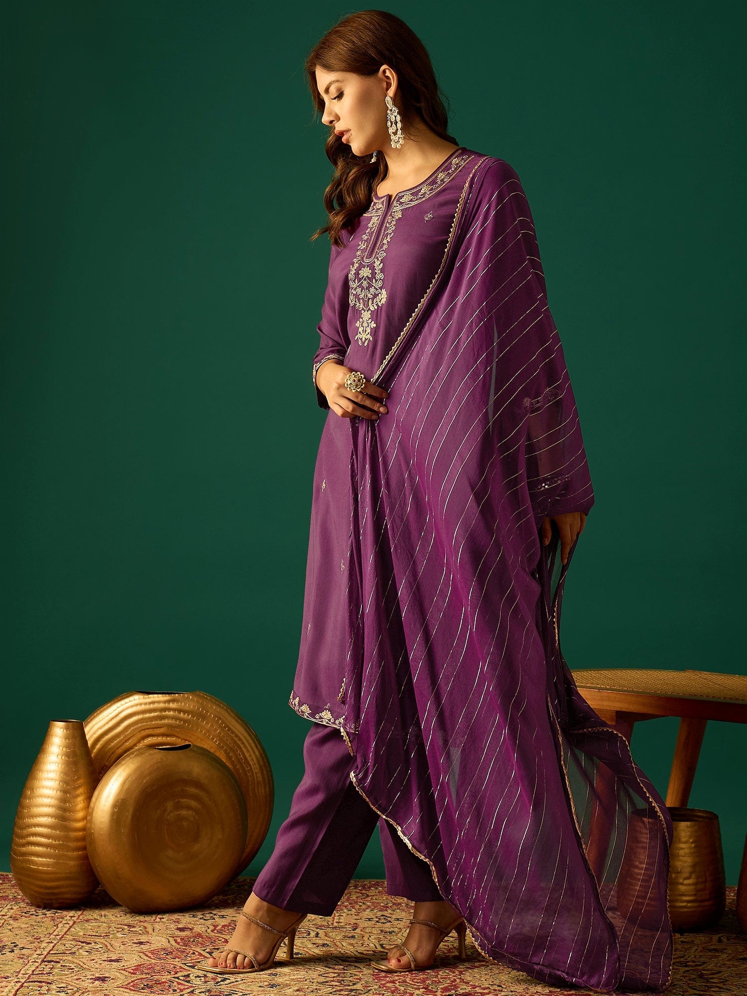 Kurta With Zari Embroidery, Teamed With Trousers And Paired With Dupatta Featuring Lace Detailing