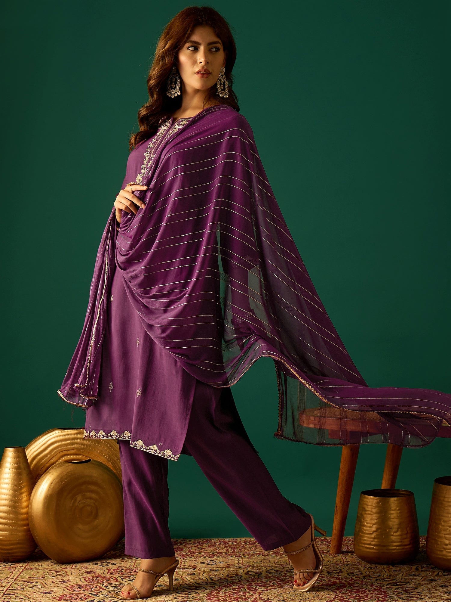 Kurta With Zari Embroidery, Teamed With Trousers And Paired With Dupatta Featuring Lace Detailing