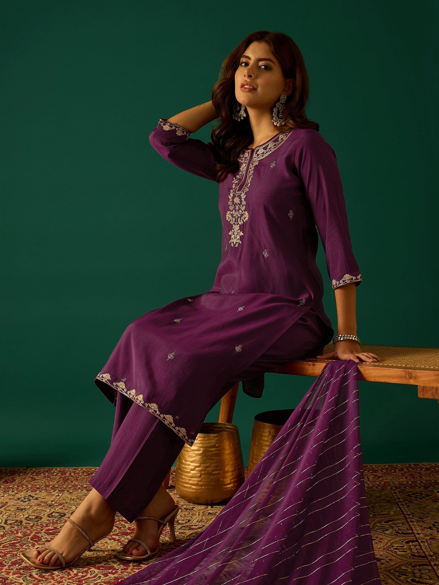 Kurta With Zari Embroidery, Teamed With Trousers And Paired With Dupatta Featuring Lace Detailing