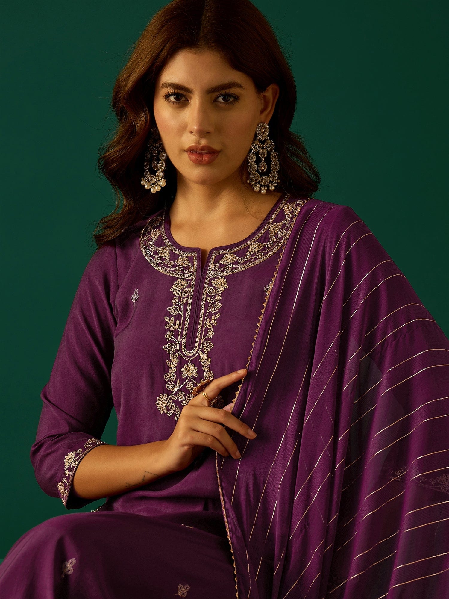 Kurta With Zari Embroidery, Teamed With Trousers And Paired With Dupatta Featuring Lace Detailing