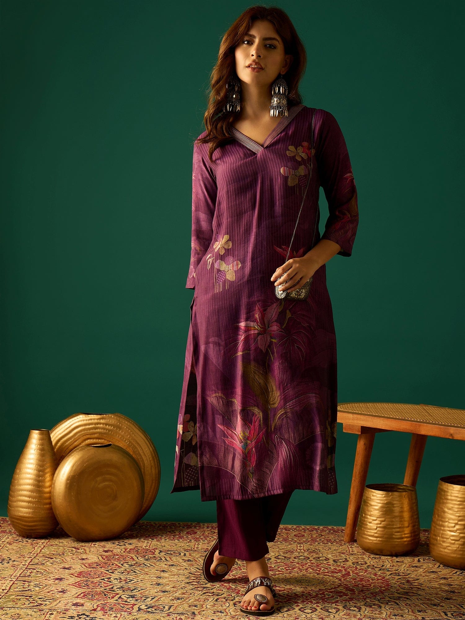 Elegant Floral Printed Straight-Fit Kurta With Three-Quarter Sleeves And V-Neck, Paired With Solid Ankle-Length Trousers For A Classic Look
