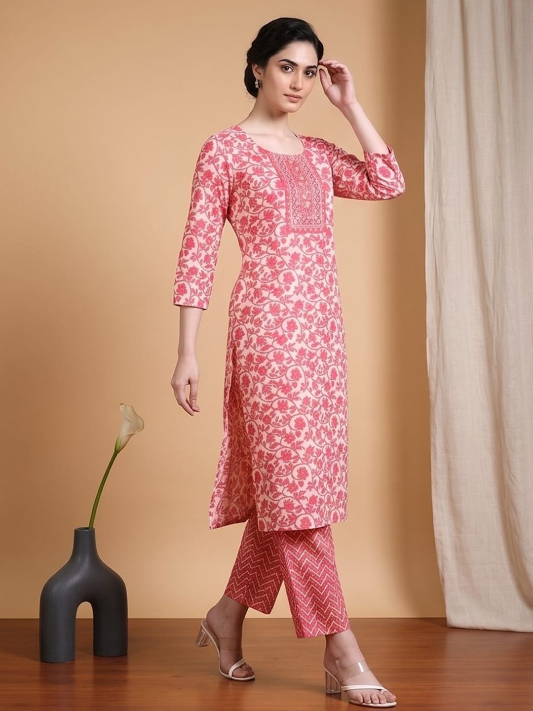 The Kurti Collection Women Ethnic Coral Kurta Set With Dupatta