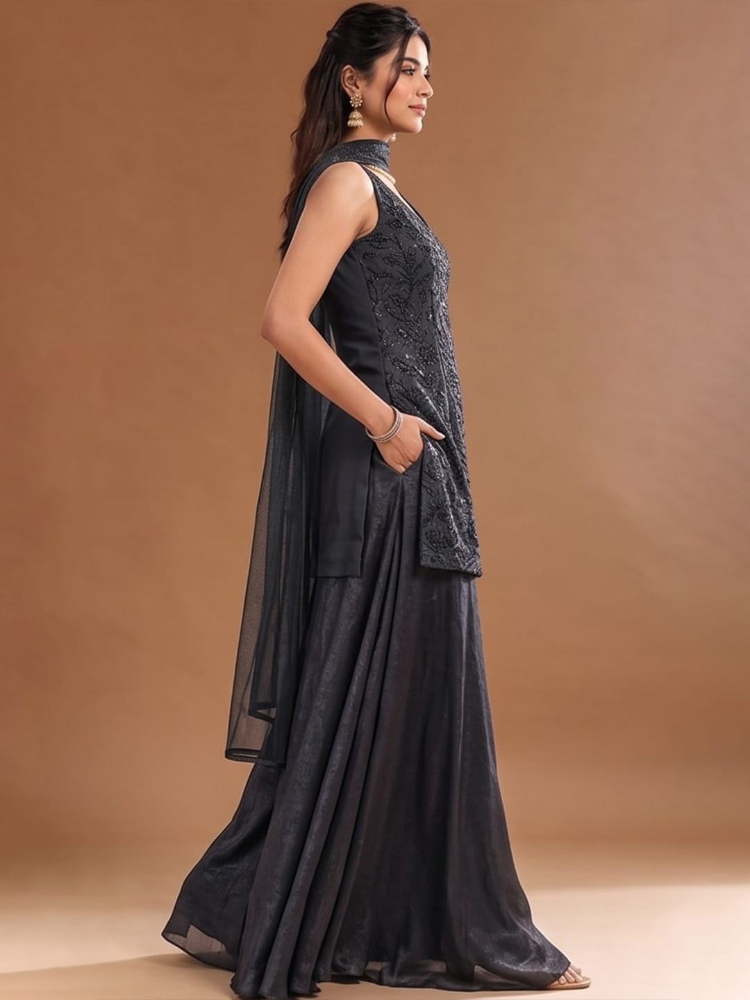 Women's Embroidered Shimmer Short Kurta With Palazzo And Dupatta