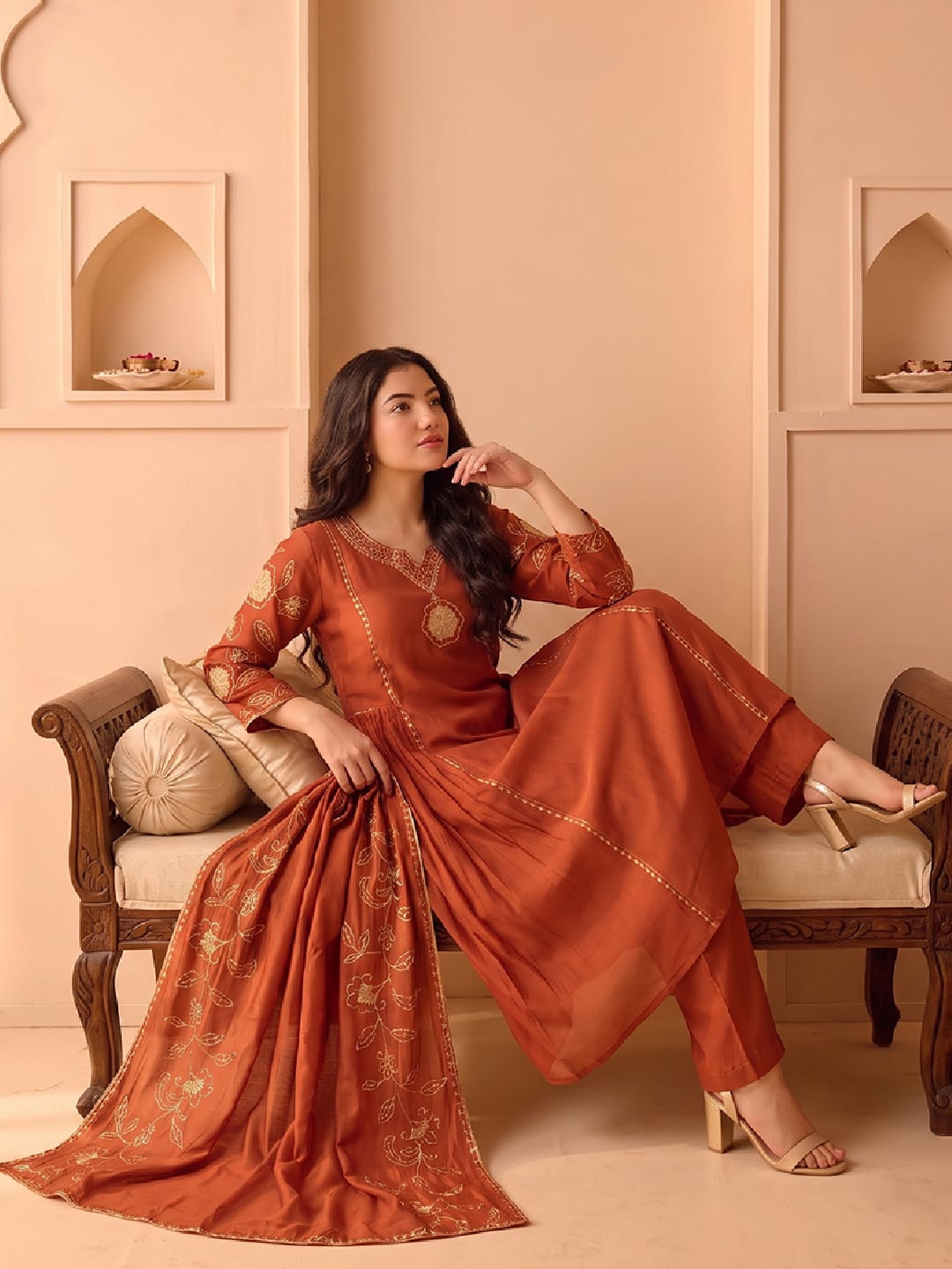 Rust Embroidered Shimmer Kurta Set With Embroidered Dupatta