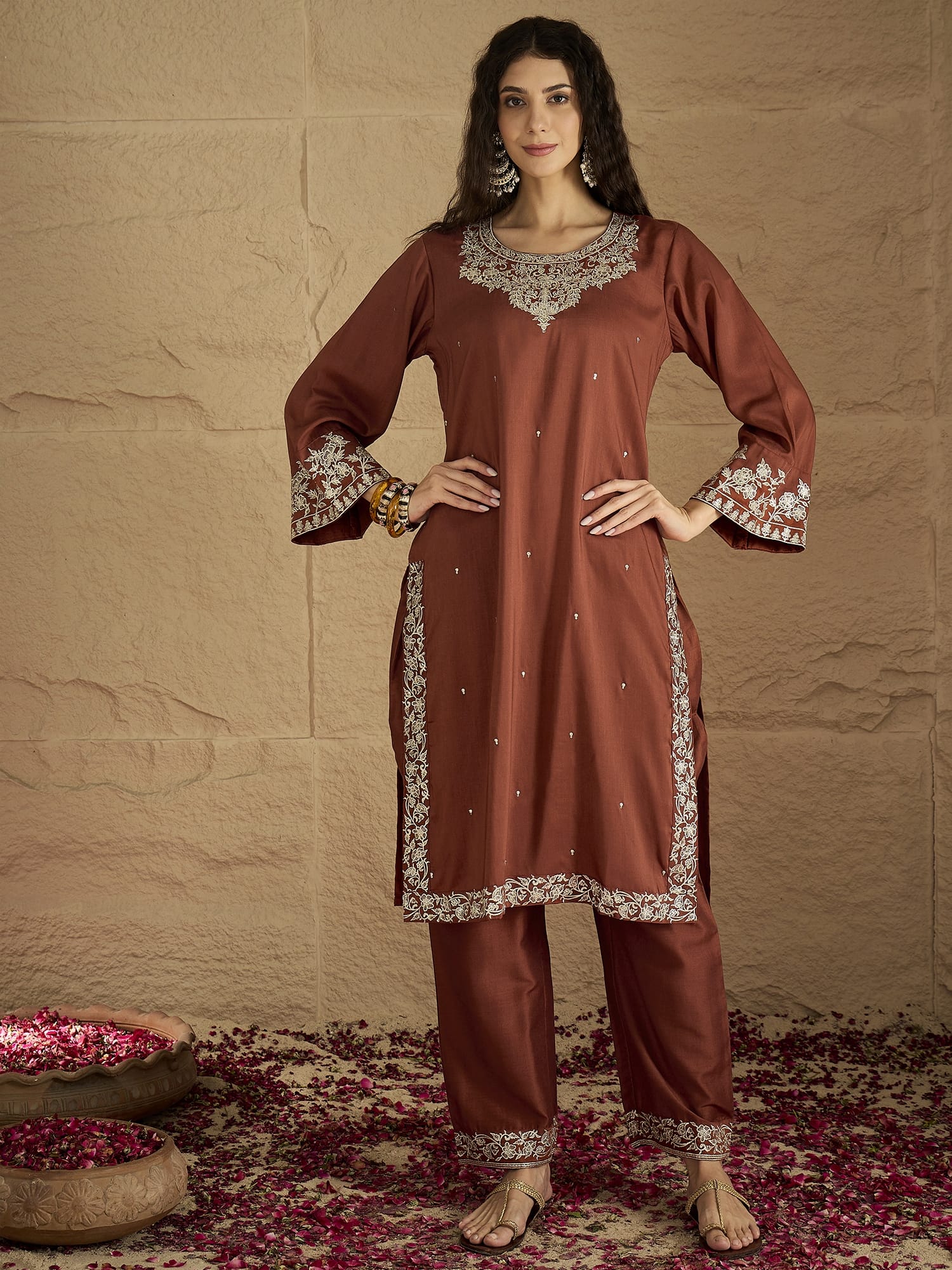The Kurti Collection Women Rust Embroidered Straight Kurta With Bottom And Dupatta