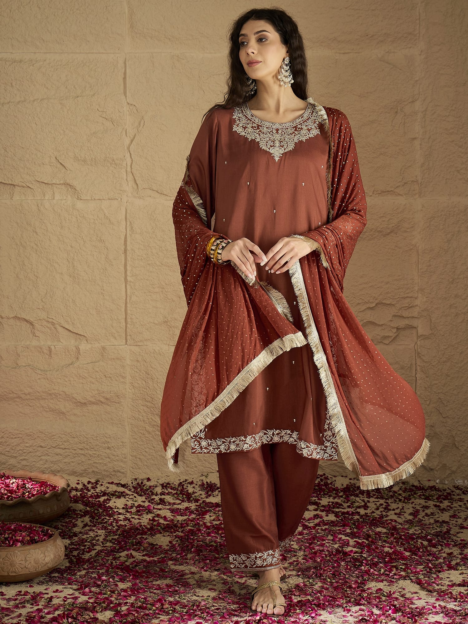 The Kurti Collection Women Rust Embroidered Straight Kurta With Bottom And Dupatta