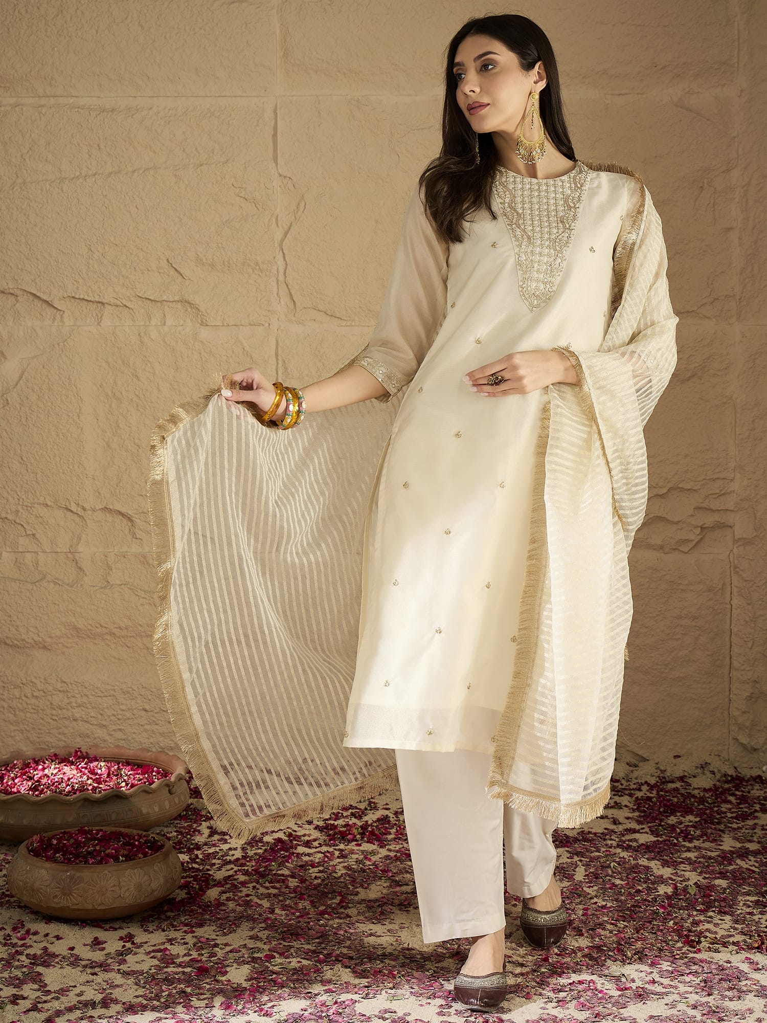 The Kurti Collection Women Brocade Gold Round Neck Zari Embroidered Sequins Embellished Kurta Set With Dupatta