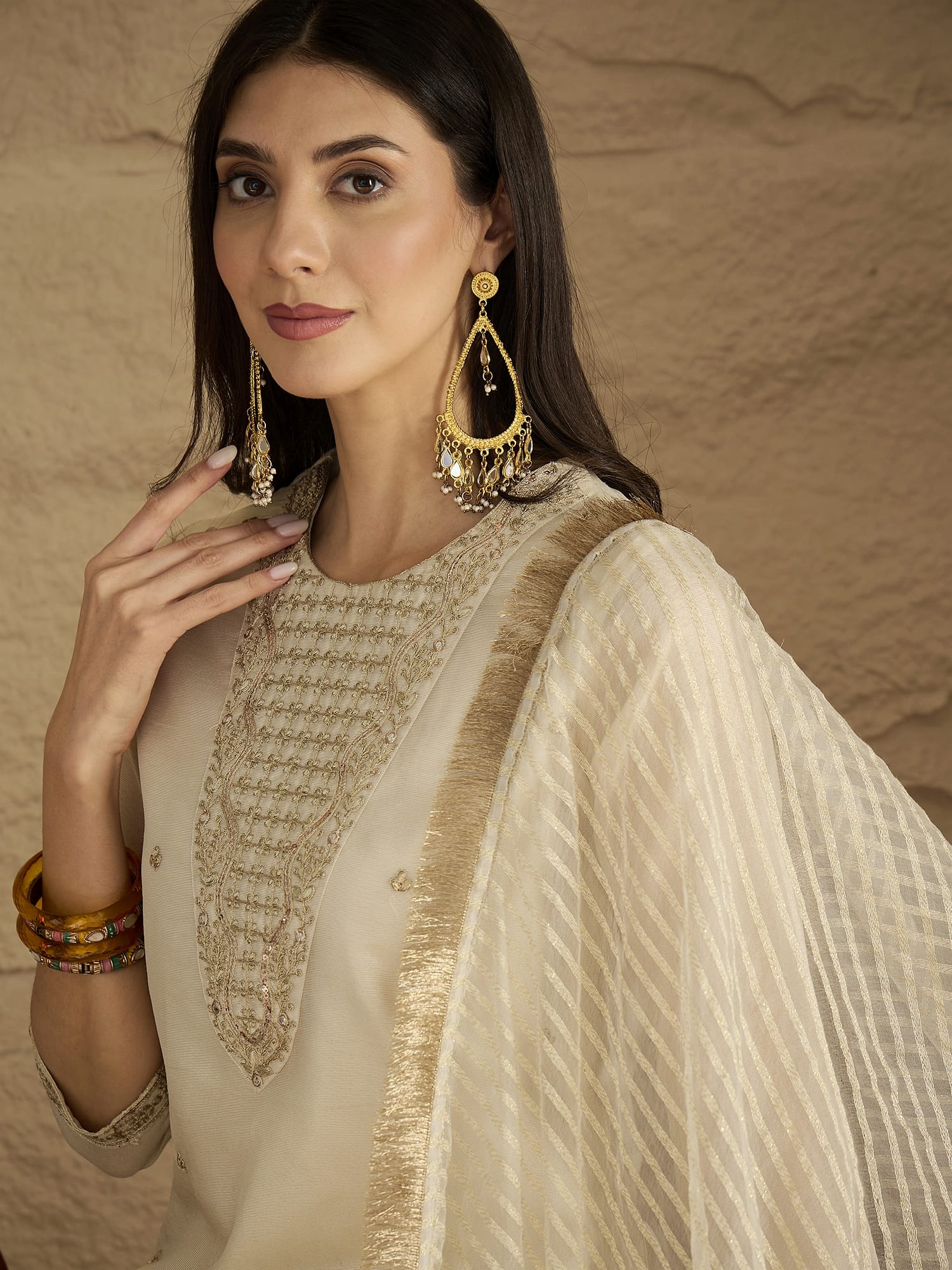 The Kurti Collection Women Brocade Gold Round Neck Zari Embroidered Sequins Embellished Kurta Set With Dupatta