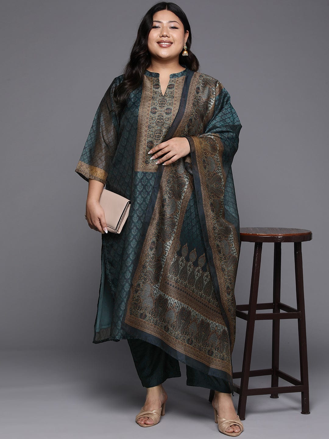 The Kurti Collection Plus Size Ethnic Motifs Printed Chanderi Silk Kurta With Trousers Dupatta