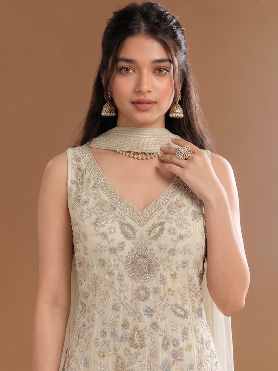 Women's Beads Embroidered Shimmer Short Kurta With Palazzo And Dupatta