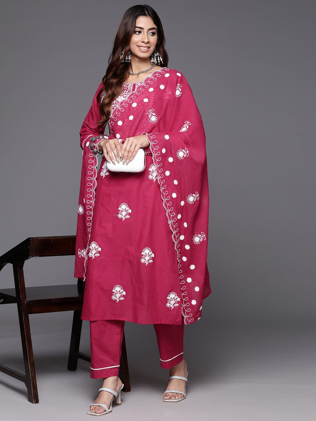 The Kurti Collection Floral Embroidered Thread Work Pure Cotton Kurta with Trousers & Dupatta