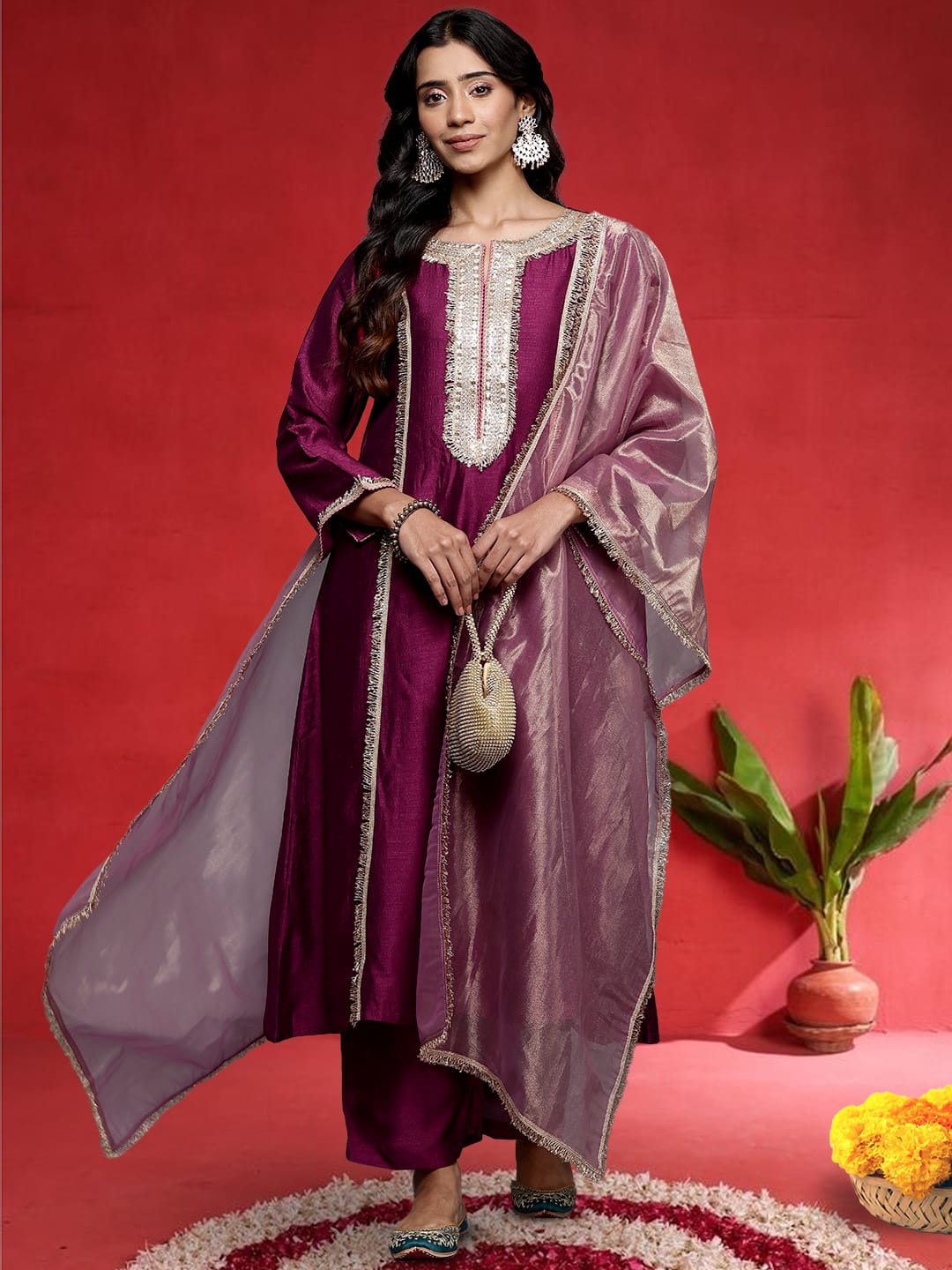 Varanga Women Wine Zari Lace Embellished Anarkali Kurta With Trousers And Tissue Dupatta.