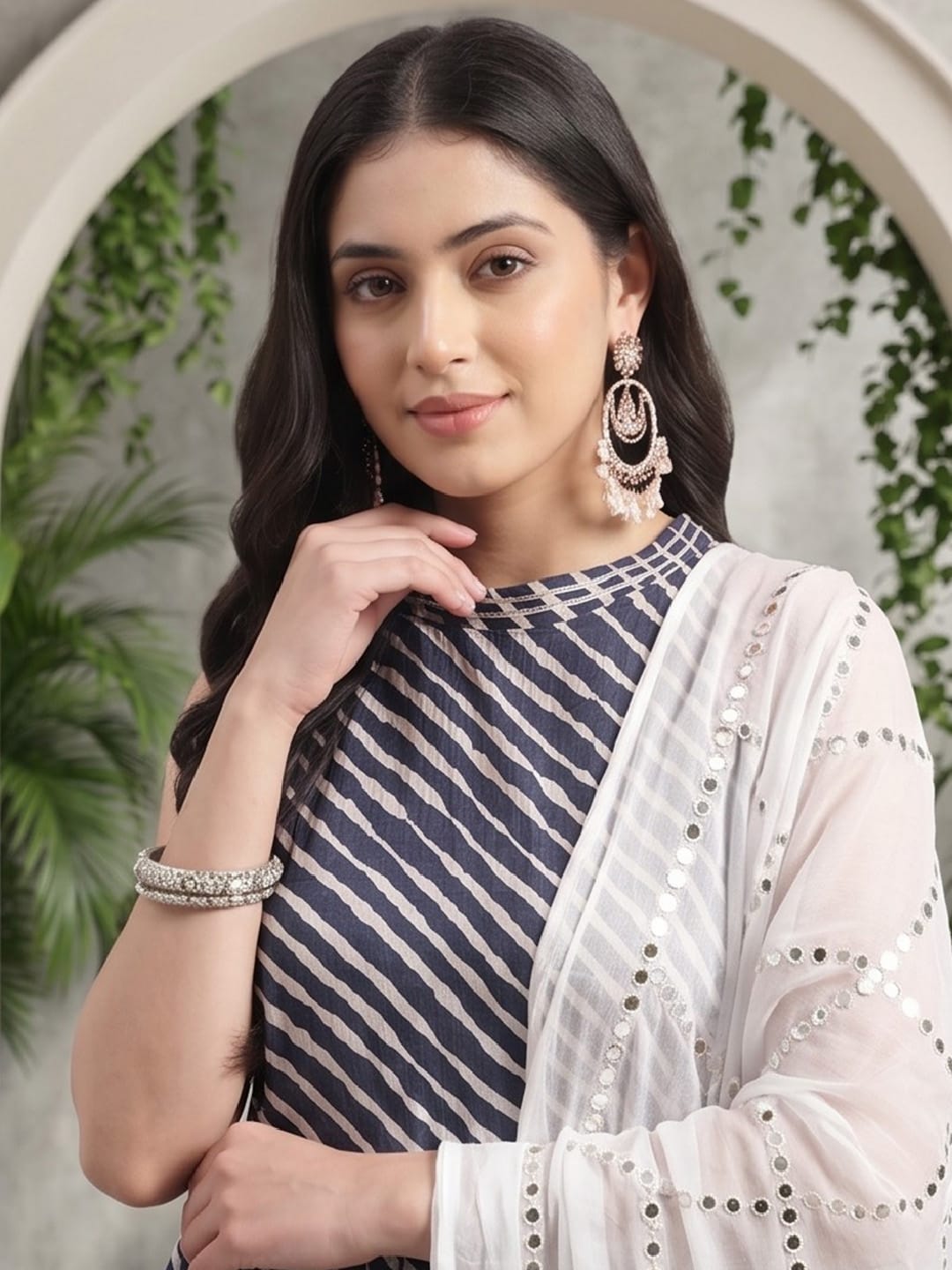 The Kurti Collection Blue And White Leheriya Halter Neckline Gota Work Kurta With Sharara And Sequins Emebllished Dupatta.