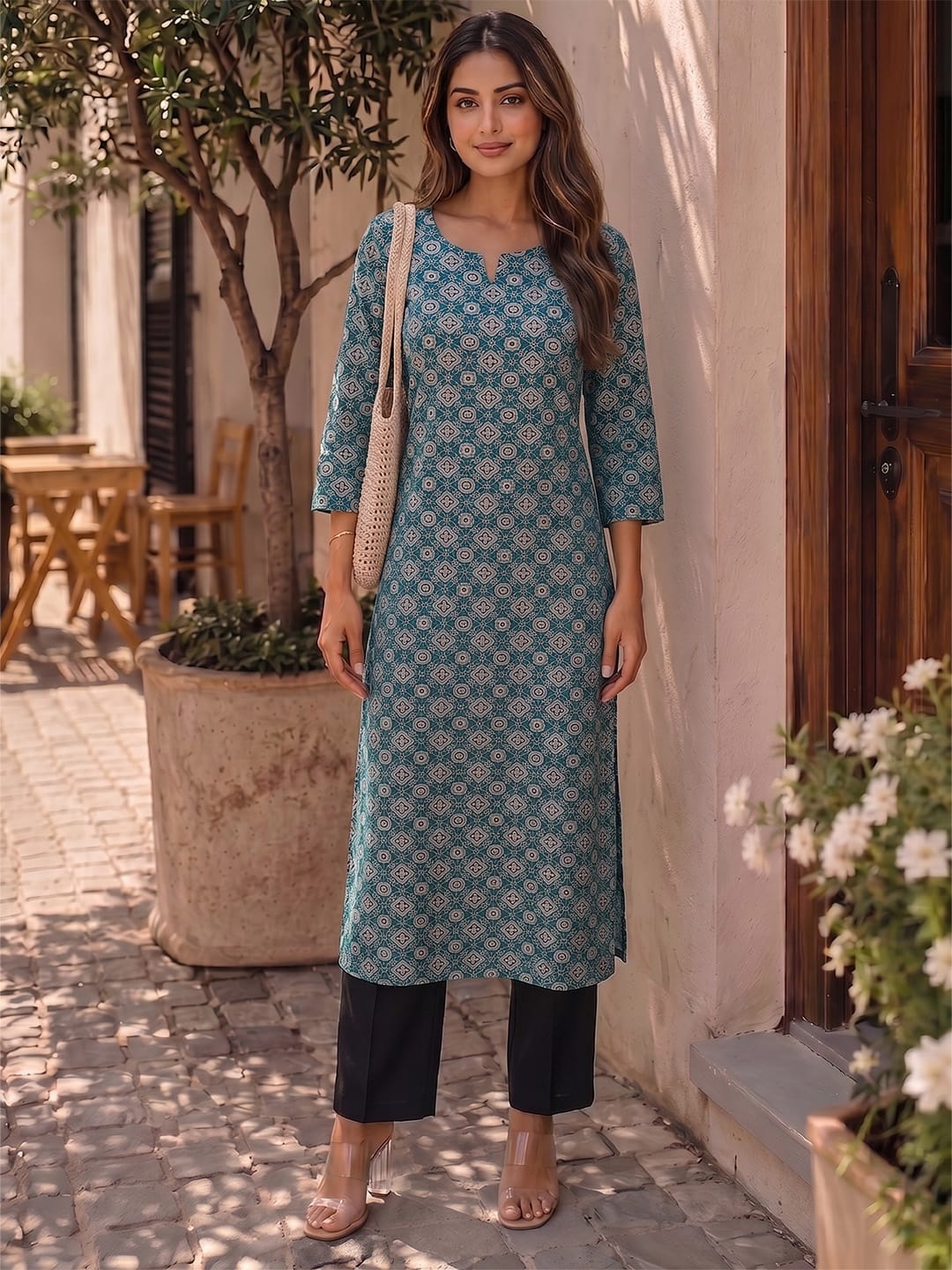 Teal Geometric Print Women's Kurta