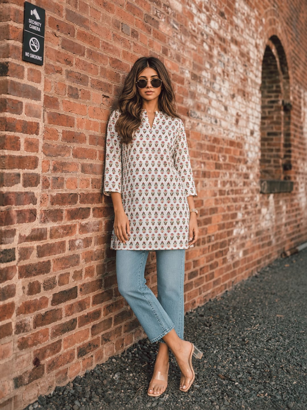Women's Off-White Floral Block Print Tunic Top