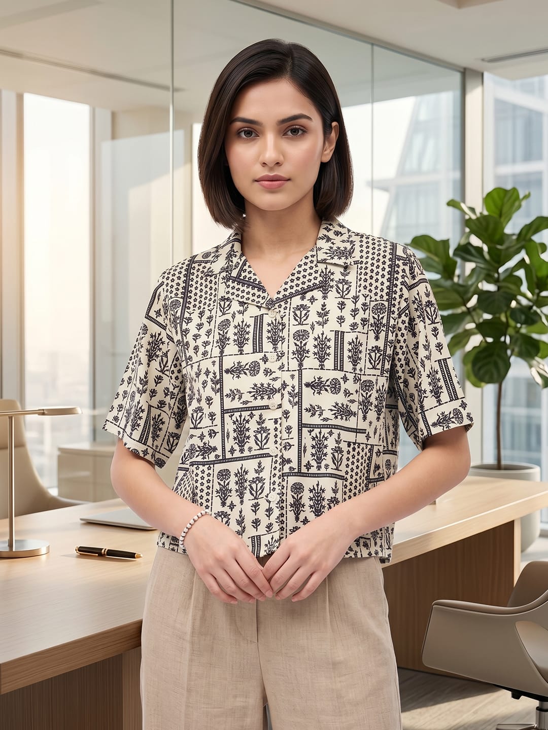Beige Coloured Short Sleeves Shirt Collar Top