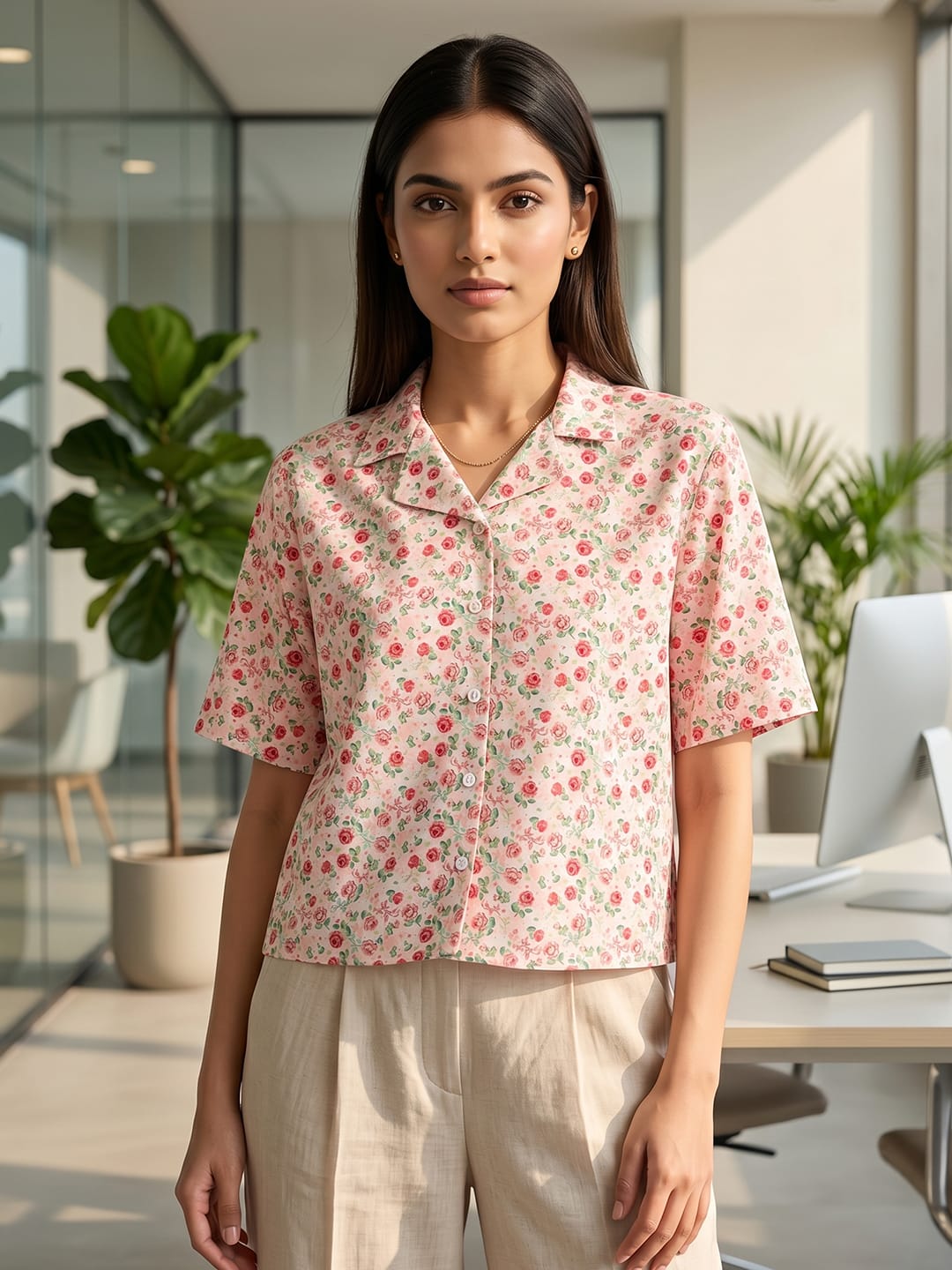 White Coloured Short Sleeves Shirt Collar Top