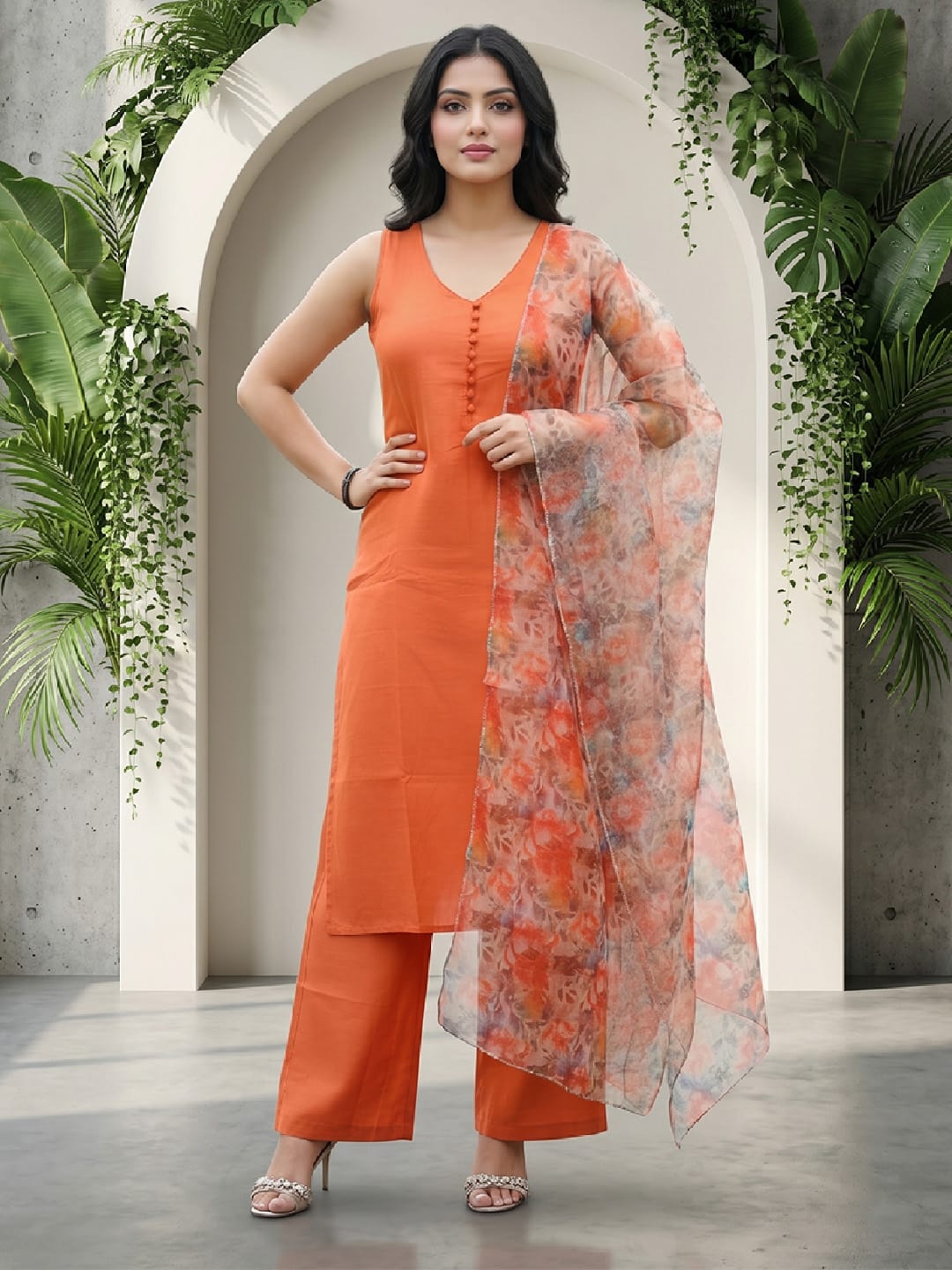 Sleeveless Orange Kurta with Floral Dupatta and Pants