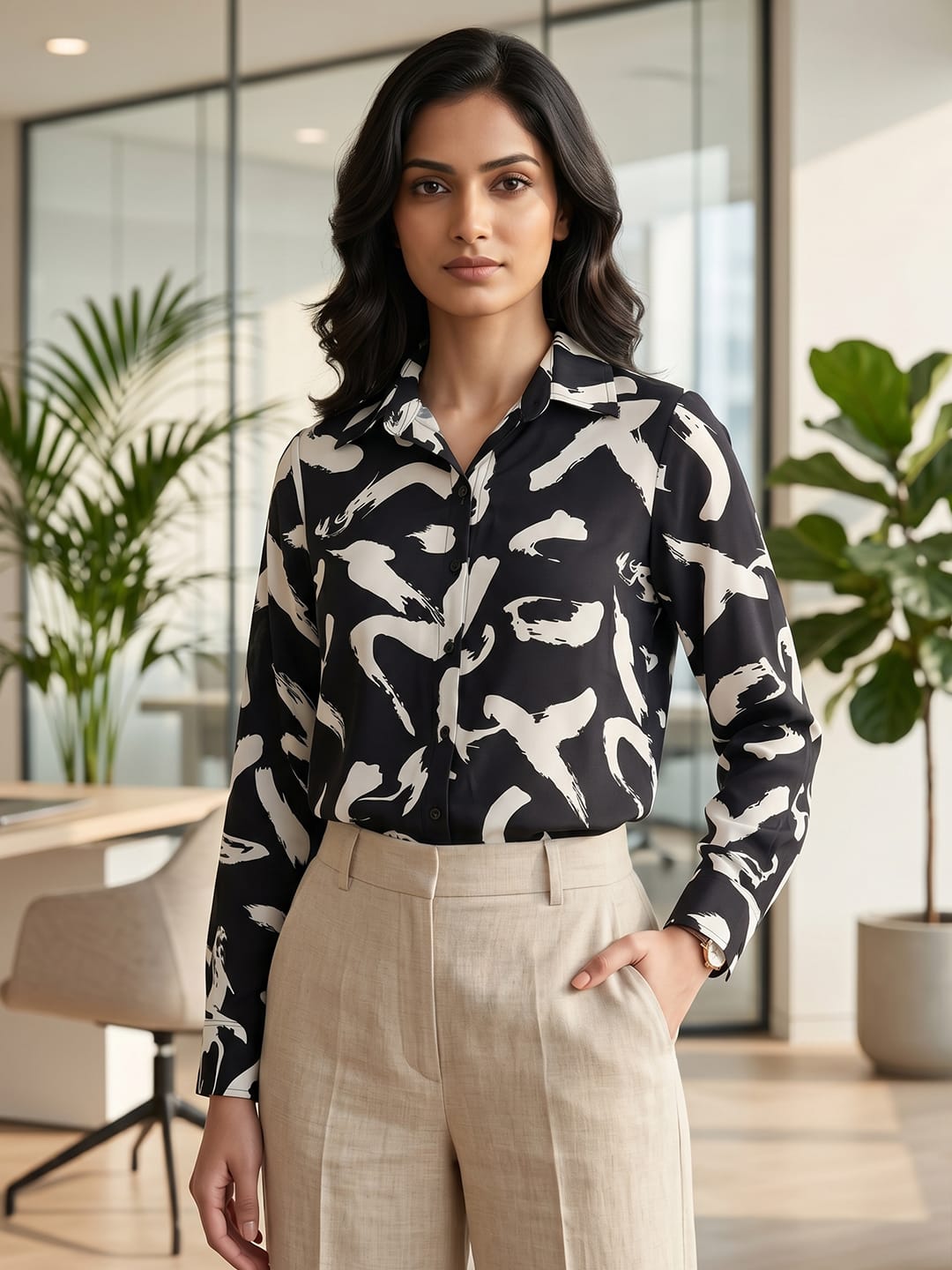 Black Coloured Slim Collar Long Sleeves Graphic Shirt
