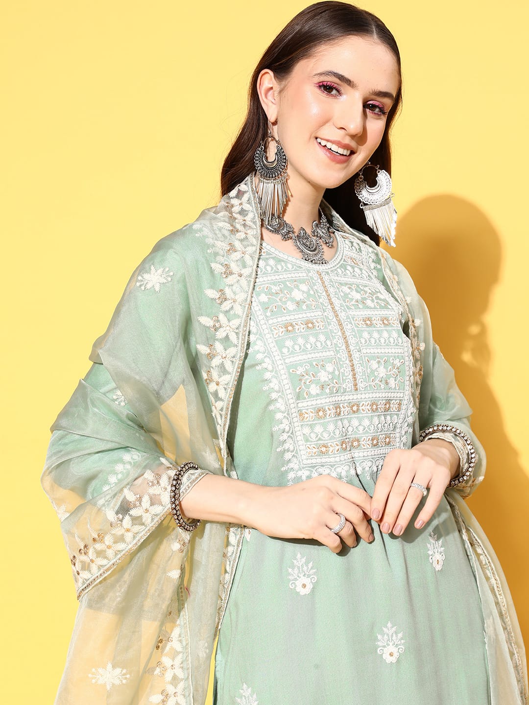 Varanga Women Sea Green Embroidered Kurta Paired With Tonal Trouser And Dupatta