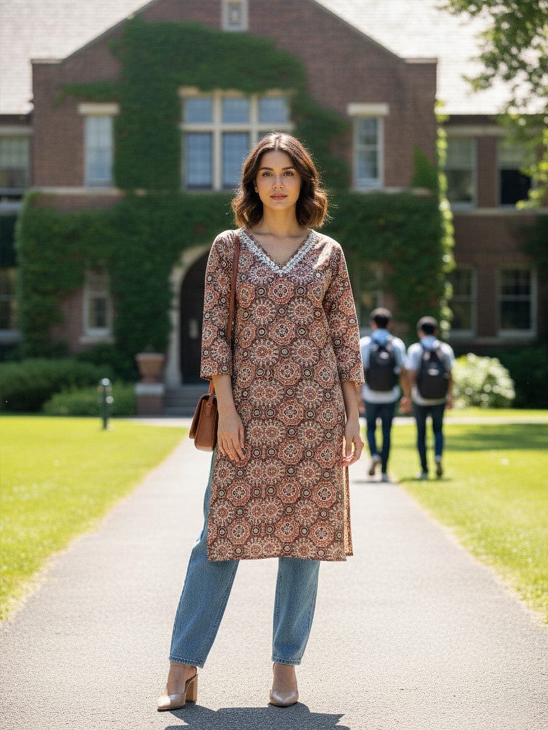 The Kurti Collection Traditional Jal Pattern Brown Kurta for Women