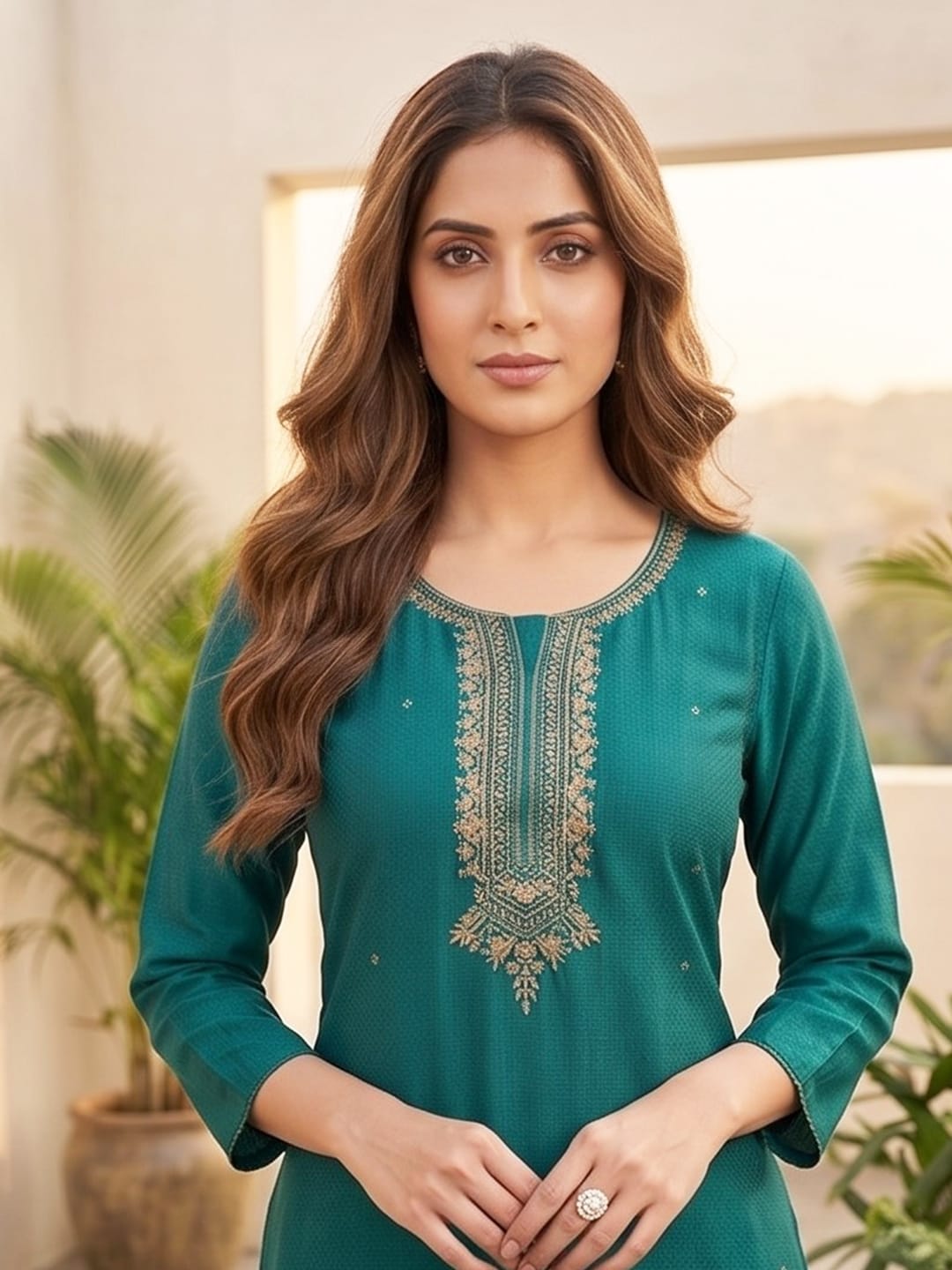 Purple 3-Piece Set With A Beadwork Yoke Kurta, Solid Trousers And Dupatta