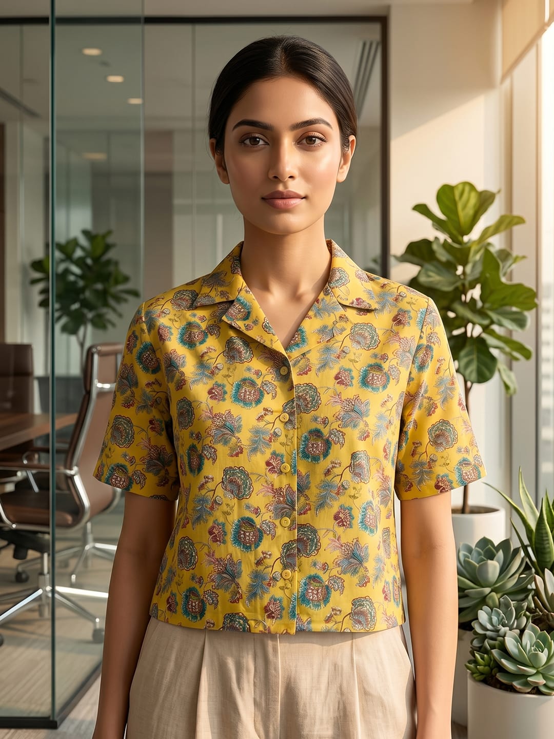 Mustard Coloured Short Sleeves Shirt Collar Top