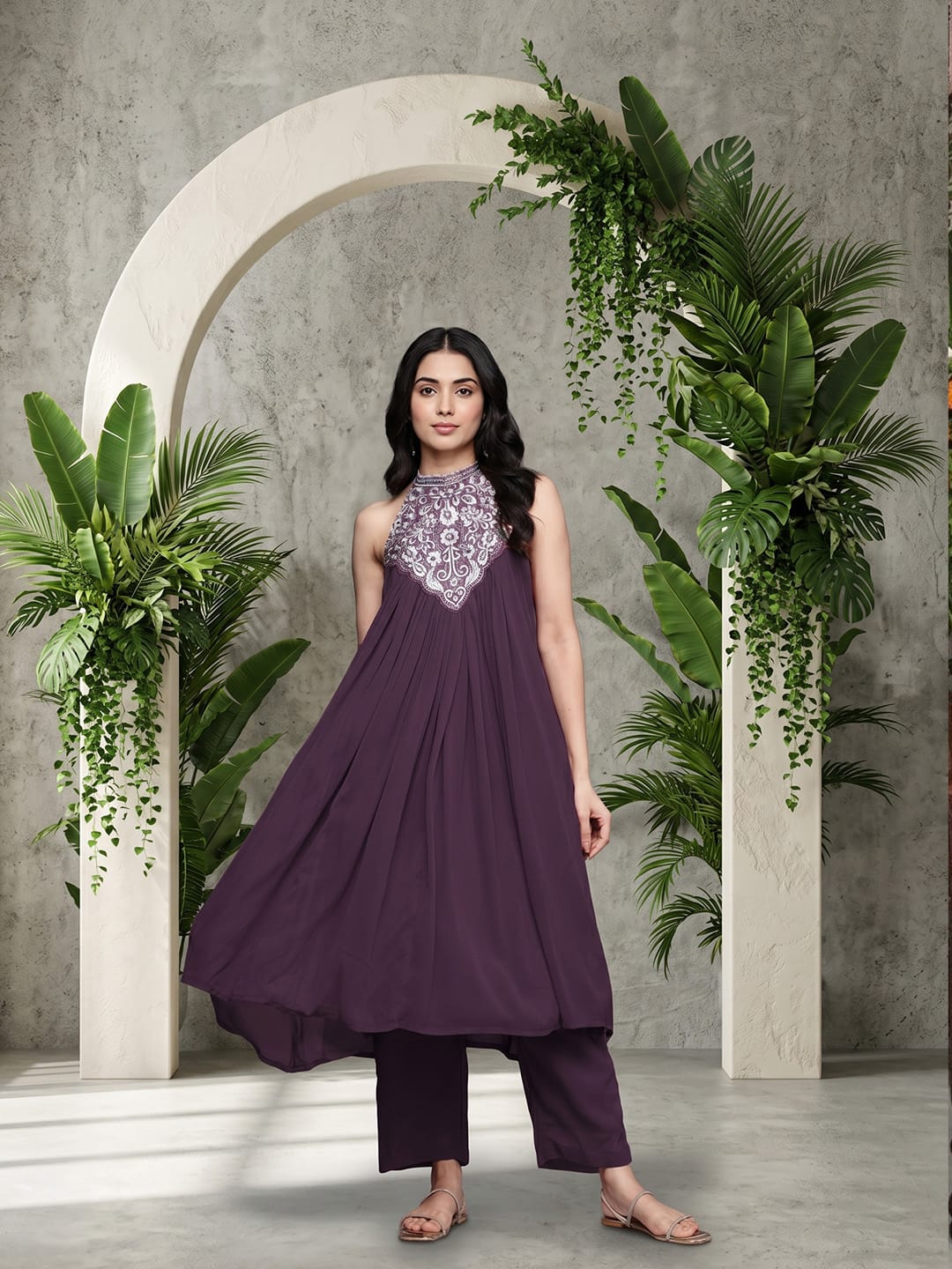 The Kurti Collection Women Purple Embroidered Sleeveless Flared Kurta Paired With Tonal Bottom