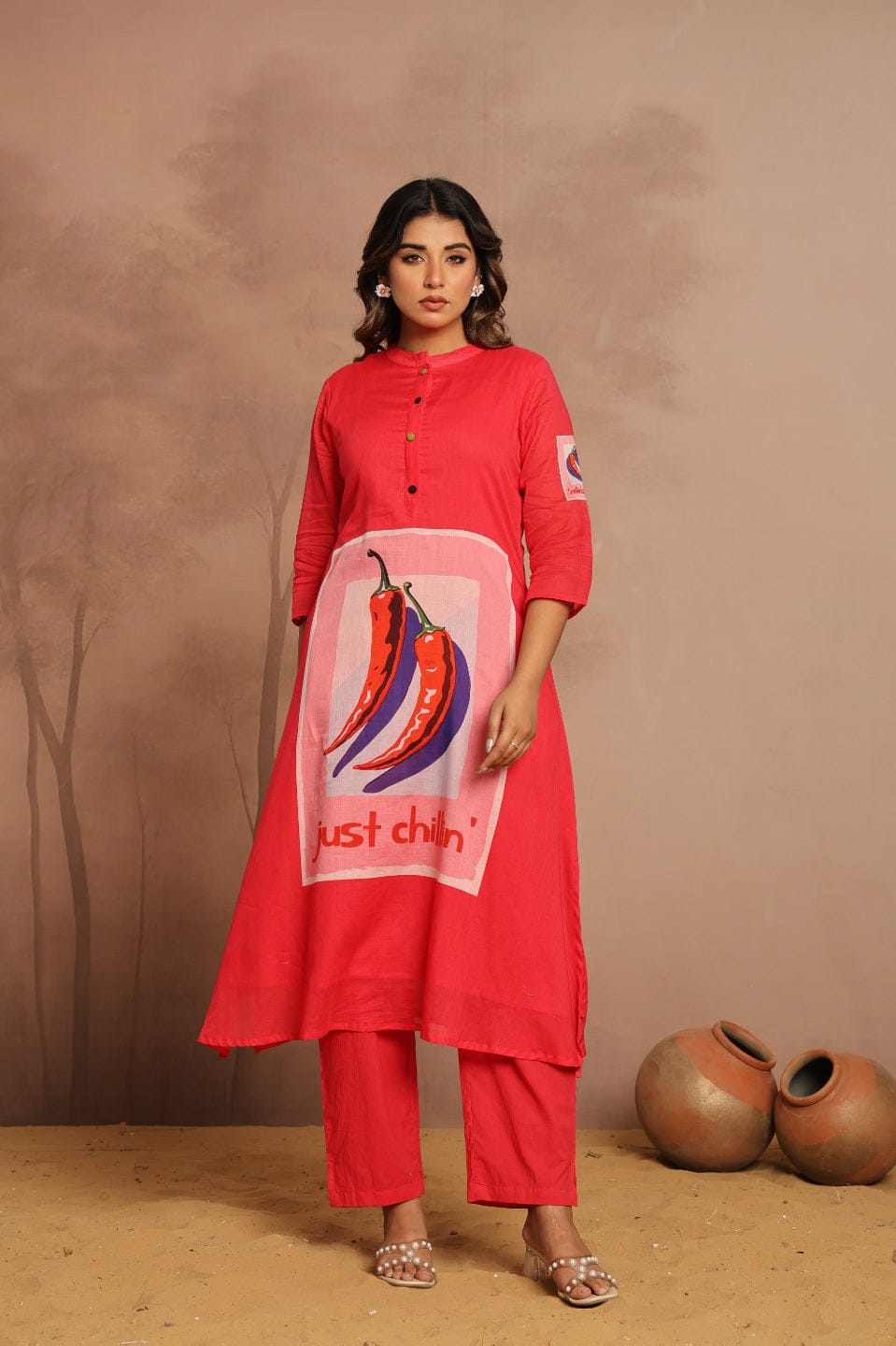 Abstract Crimson0 Front-Graphic Button-Down Kurta Set