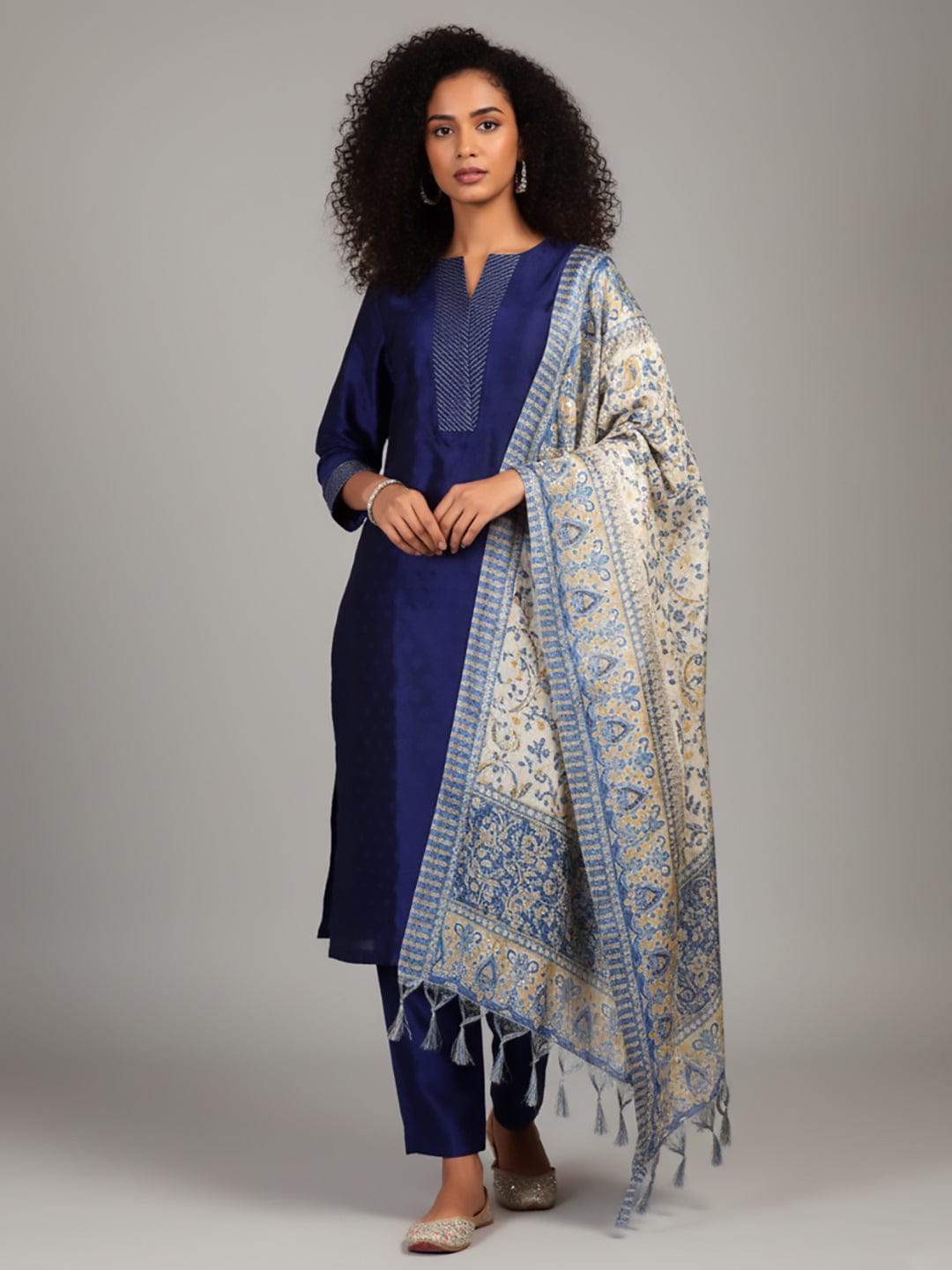 The Kurti Collection Women Navy Blue Woven Zari Embroidered Straight Kurta With Bottom And Dupatta