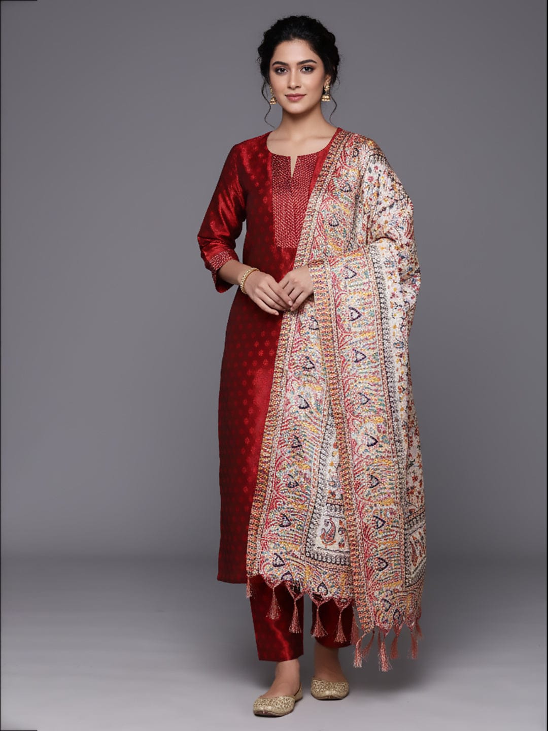 The Kurti Collection Women Maroon Woven Zari Embroidered Straight Kurta With Bottom And Dupatta