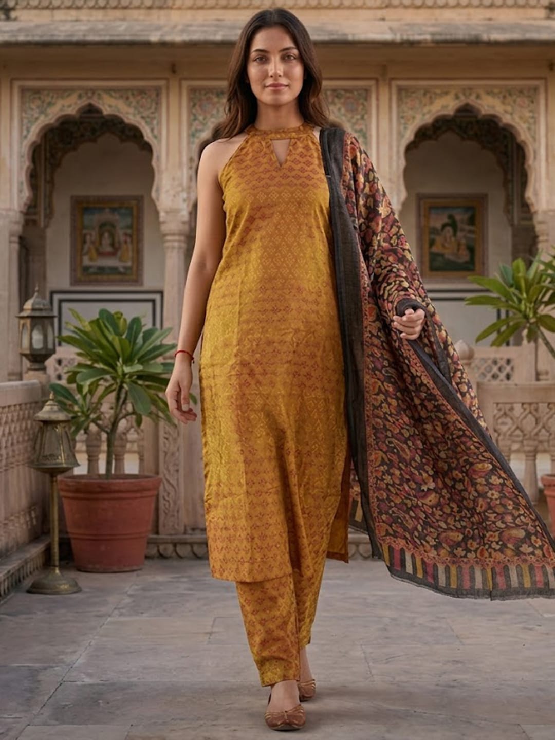 Textured Copper Kurta Set With Duaptta