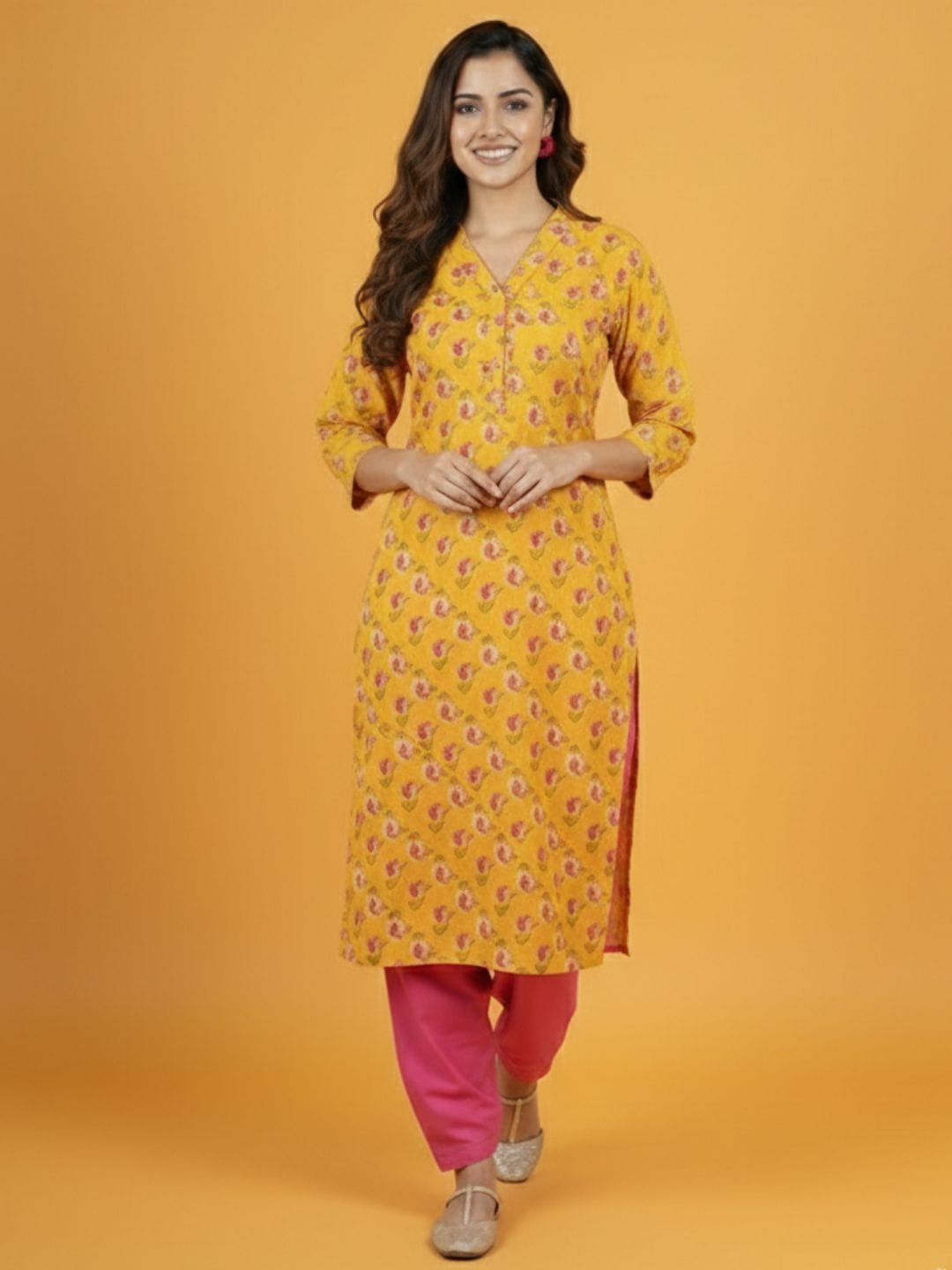 Mustard Printed Kurta & Contrast Pink Farsi Salwar Ensemble