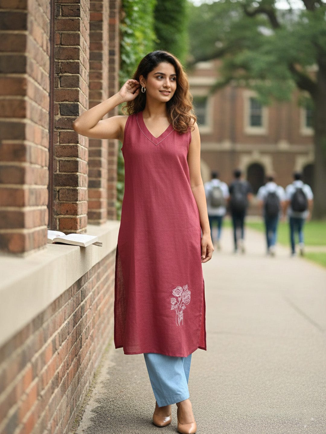 The Kurti Collection Sleeveless Solid Kurta with V-Neck and Subtle Floral Embroidery