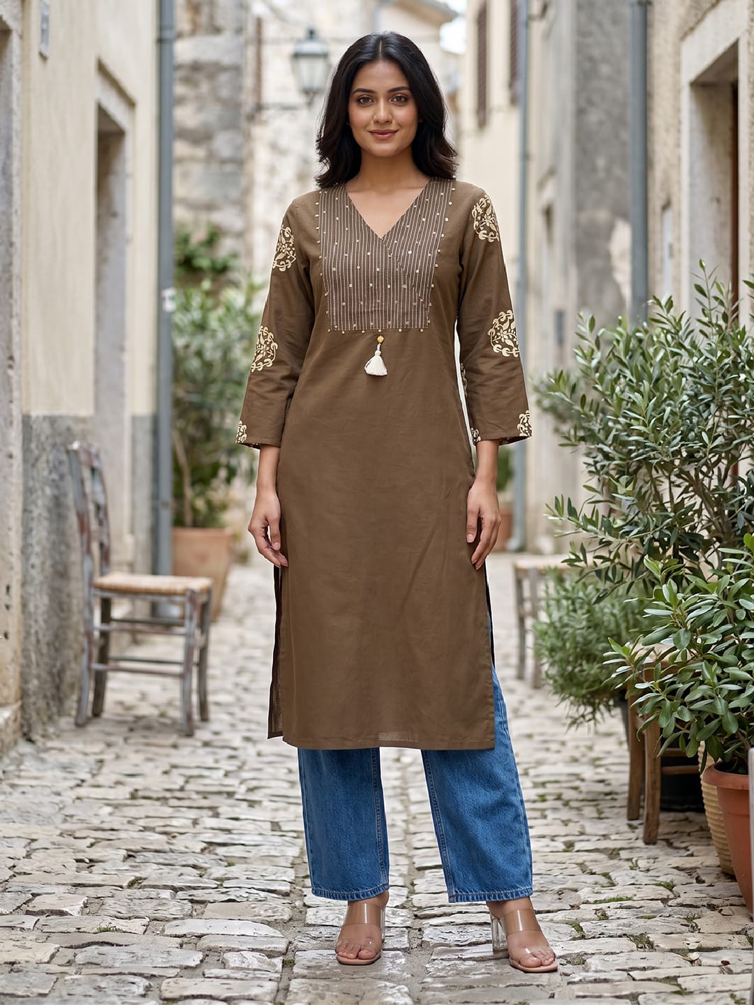 Straight Kurta With Embroidered Yoke