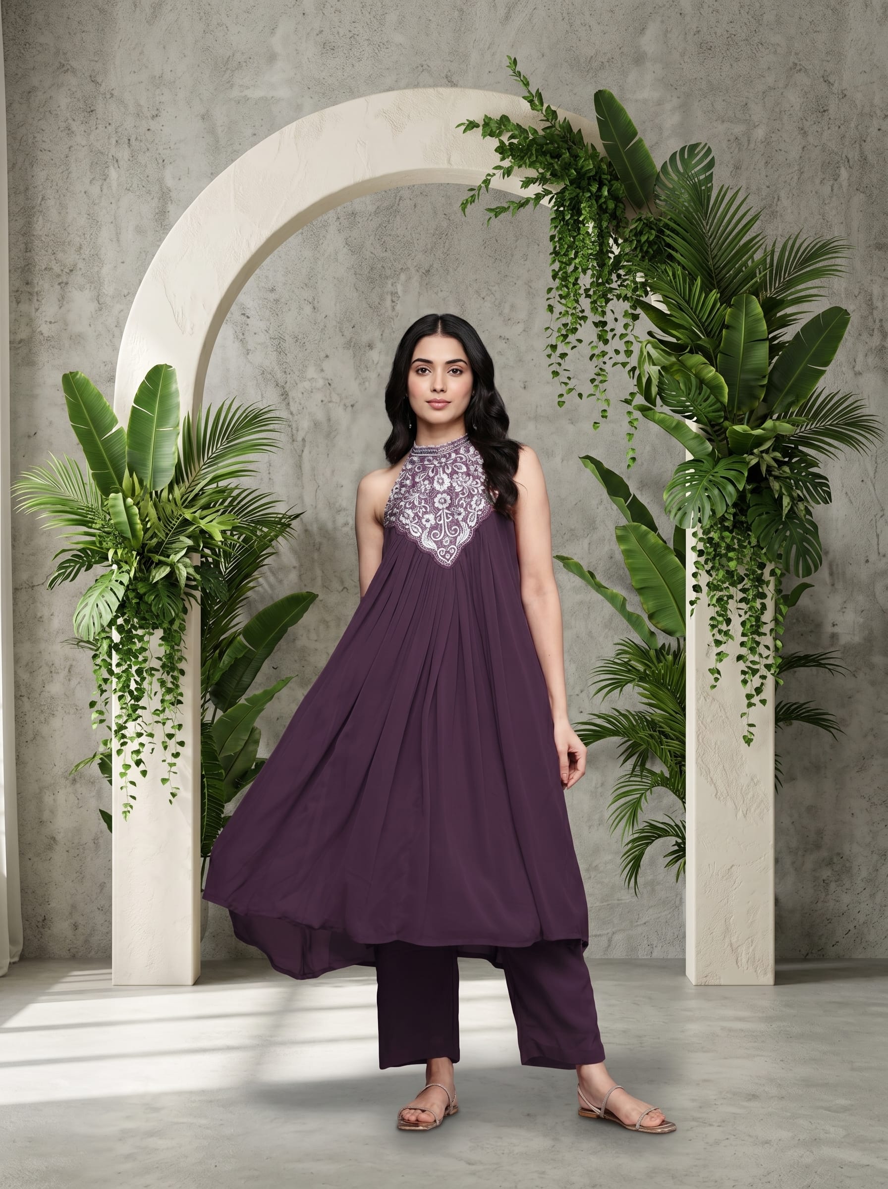 The Kurti Collection Women Purple Embroidered Sleeveless Flared Kurta Paired With Tonal Bottom