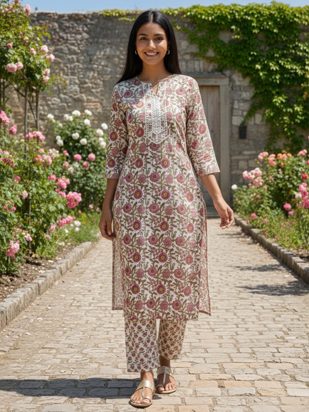The Kurti Collection Women Floral Printed Regular Pure Cotton Kurta with Trousers & With Dupatta