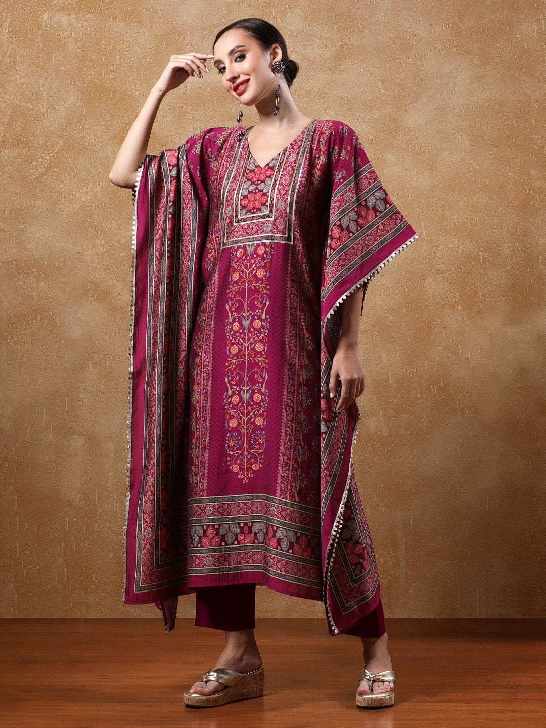 The Kurti Collection Women-Gota Detailed Ethnic Floral Printed Kaftan & Trouser