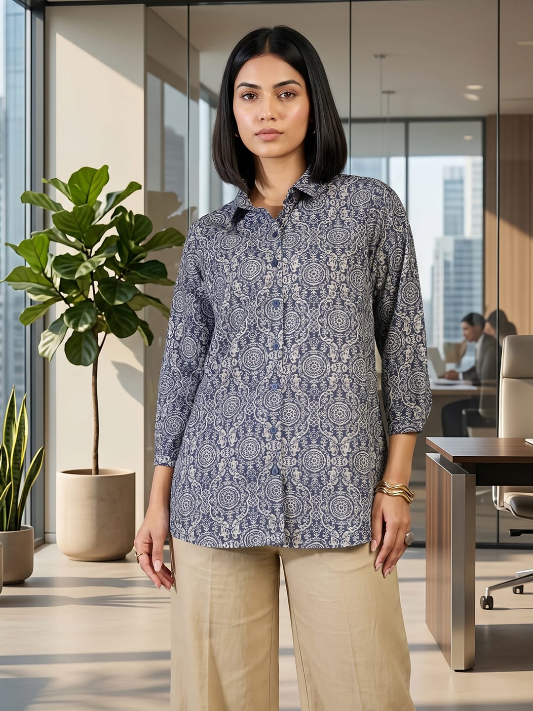 Navy Coloured Slim Collar Long Sleeves Floral Shirt