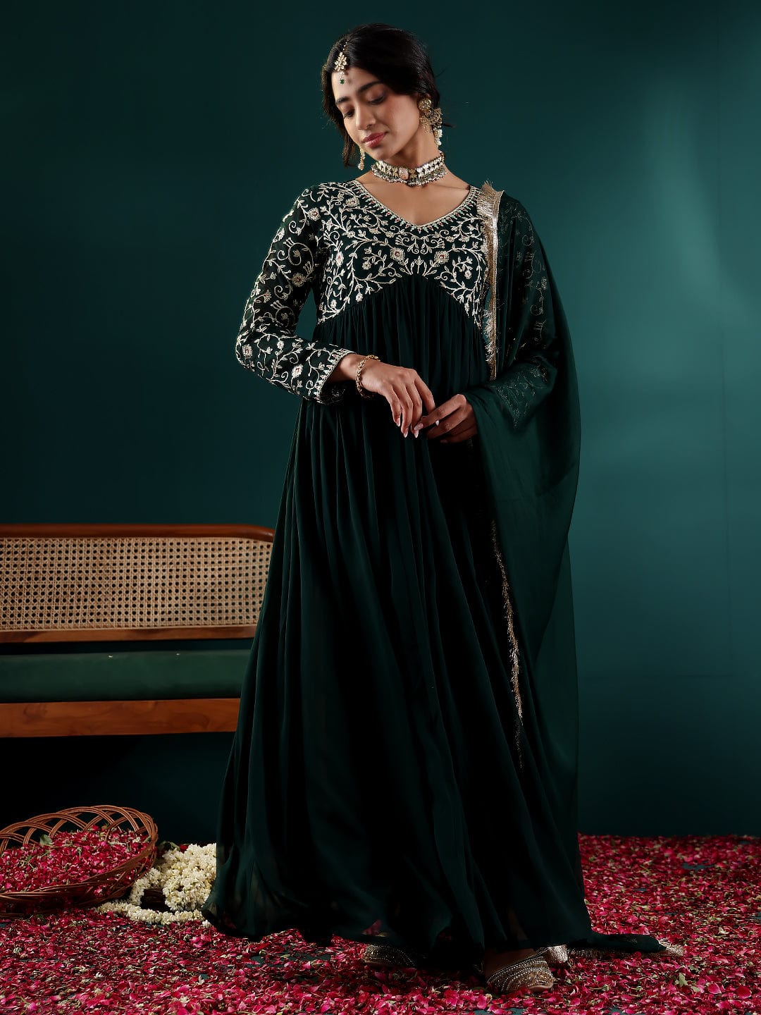 The Kurti Collection Women Green Anarkali Kurta Paired With Tonal Dupatta